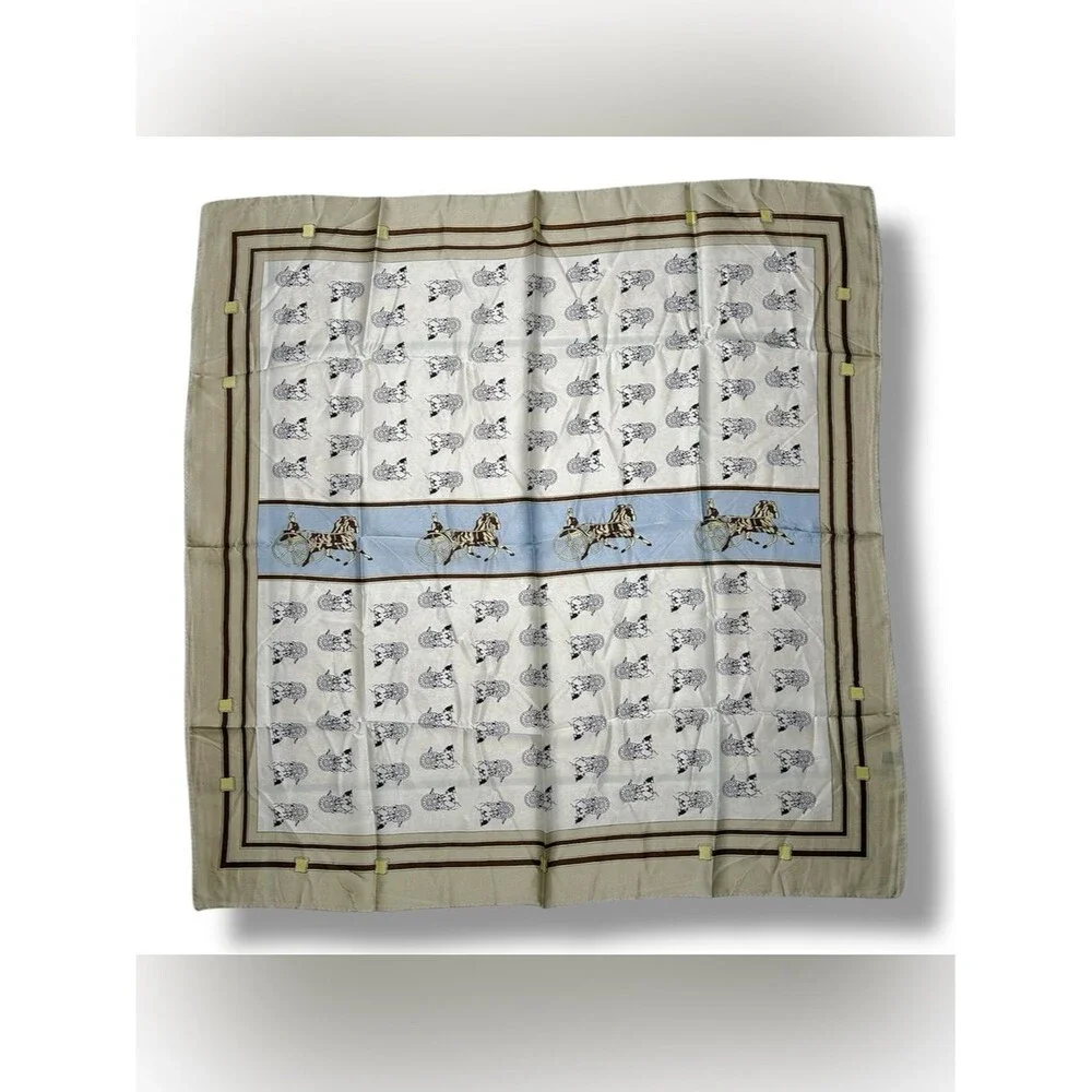 Classic Equestrian Print 27” x 27” Scarf in Cream and Light Blue